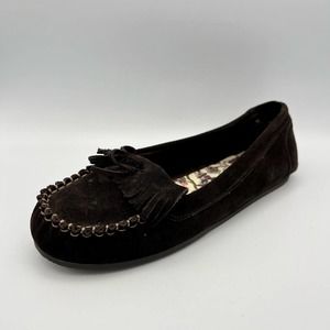 Decree Womens Leather Moccasins size 7M Dark Brown Fringe Contrasting Stitching